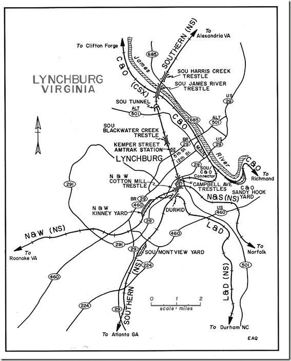 This map appeared in the Feb. 1990 issue of Railpace Newsmagazine in an article “Railfanning Lynchburg Virginia, City of Trestles”. Lynchburg rail map.